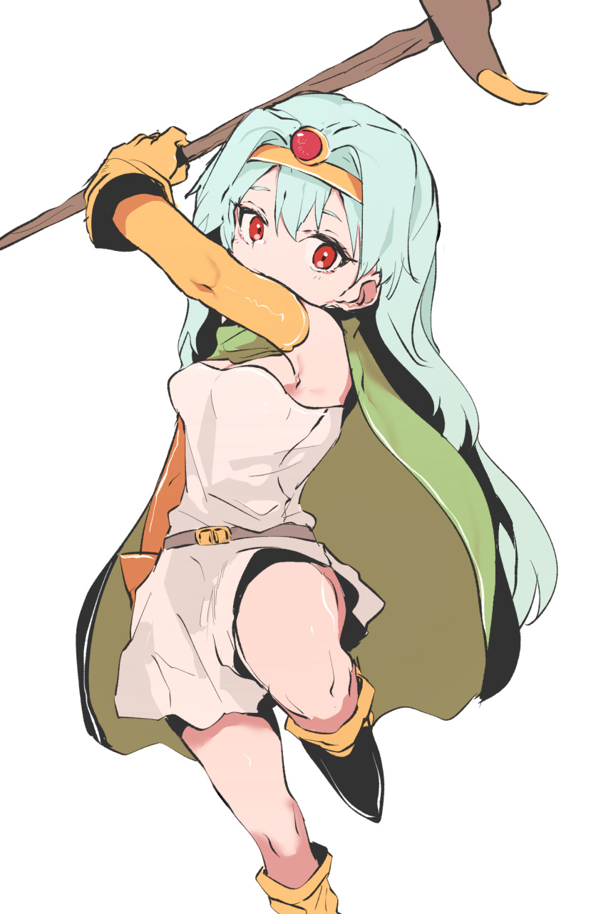 1girl arm_up bare_shoulders belt black_footwear cape circlet ddari dragon_quest dragon_quest_iii elbow_gloves gloves green_cape green_hair hair_between_eyes highres holding holding_staff light_green_hair long_hair orange_gloves red_eyes sage_(dq3) simple_background solo staff white_background