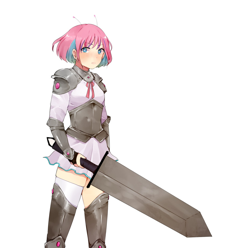 1girl alternate_costume antennae armor bangs blue_eyes blue_hair bright_pupils english_commentary eyebrows_visible_through_hair fantasy greaves highres holding holding_sword holding_weapon looking_to_the_side manaka_umio multicolored_hair myholo_tv pink_hair purple_skirt short_hair simple_background single_thighhigh skirt sktar solo streaked_hair sword thigh-highs v-shaped_eyebrows virtual_youtuber weapon white_background white_pupils