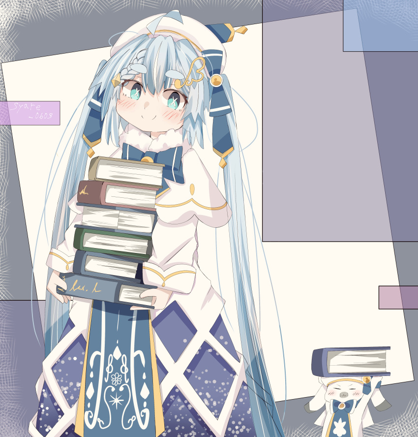 1girl 1other absurdres aqua_eyes arms_up bass_clef beret blue_bow blue_tabard book book_stack bow bowtie capelet carrying_overhead commentary dress fur-trimmed_capelet fur_trim gold_trim hair_bow hair_ornament hat hatsune_miku highres holding holding_book light_blue_hair long_hair looking_at_viewer musical_note_hair_ornament rabbit_yukine smile standing syare_0603 symbol_in_eye tabard treble_clef twintails twitter_username very_long_hair vocaloid white_capelet white_dress white_headwear yuki_miku yuki_miku_(2021)