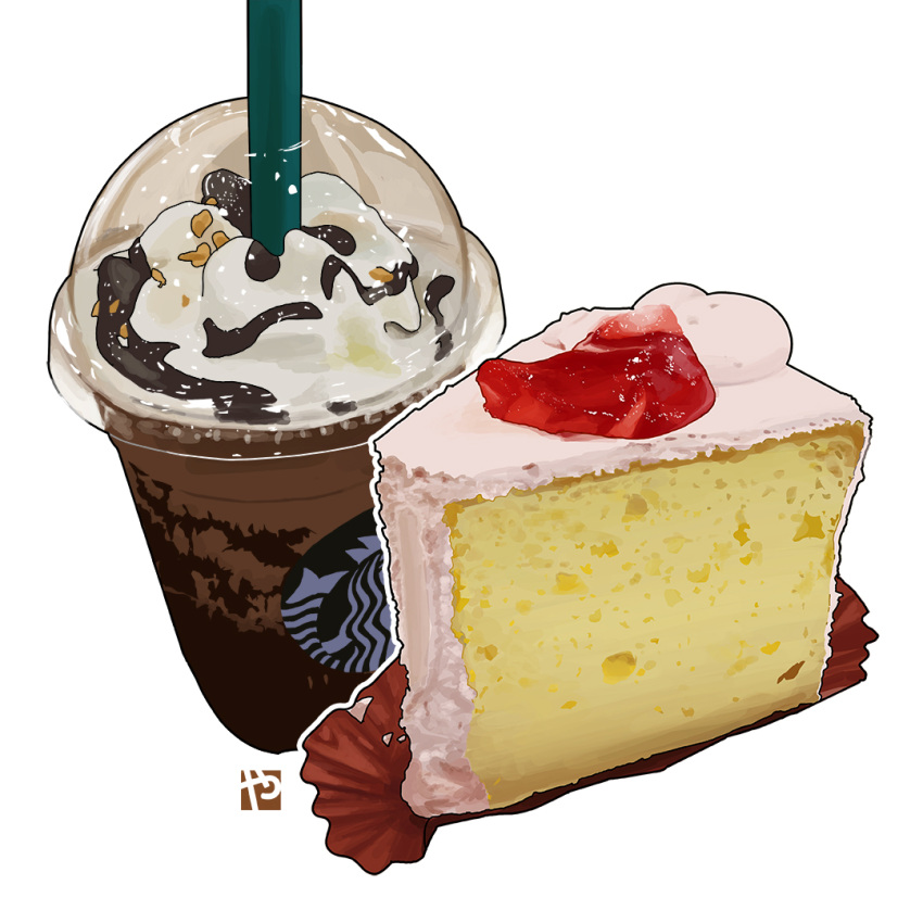 cake cake_slice chocolate coffee coffee_cup cream cup dessert disposable_cup drink drinking_straw food food_focus iced_coffee no_humans original pastry simple_background starbucks starbucks_siren still_life studiolg white_background