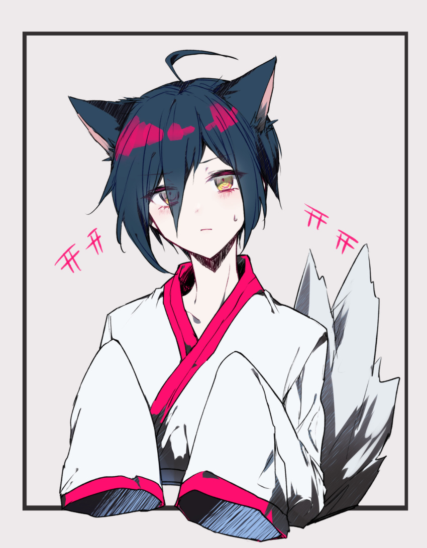 1boy ahoge alternate_costume animal_ears bangs black_hair blush brown_eyes closed_mouth collarbone commentary_request cropped_torso dangan_ronpa_(series) dangan_ronpa_v3:_killing_harmony eyes_visible_through_hair fox_boy fox_ears fox_tail frown goto_(sep) grey_background hair_between_eyes hair_over_one_eye highres japanese_clothes kemonomimi_mode long_sleeves looking_at_viewer male_focus outside_border saihara_shuuichi short_hair simple_background sleeves_past_fingers sleeves_past_wrists solo sweatdrop tail tail_wagging upper_body wide_sleeves yellow_eyes