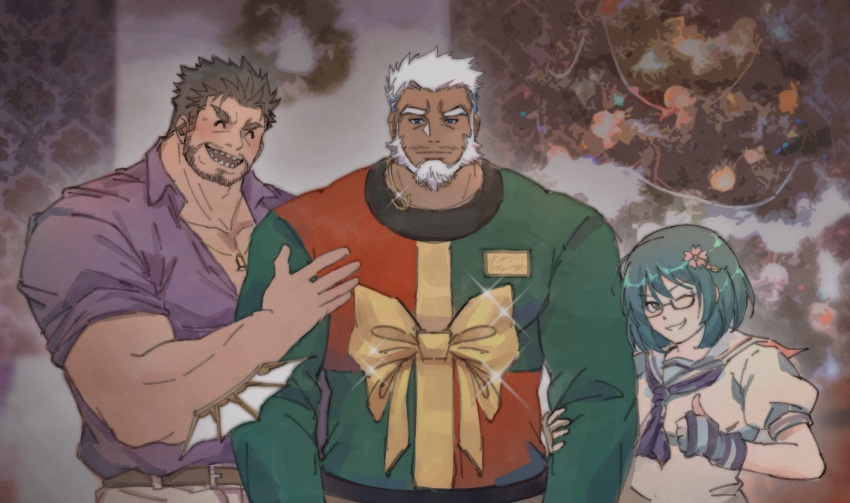 1girl 2boys aegir_(tokyo_houkago_summoners) alternate_costume aqua_hair beard black_hair blue_eyes blush casual character_request christmas dagon_(tokyo_houkago_summoners) dark_skin dark_skinned_male facial_hair fins green_hair highres ina_zuma multicolored_hair multiple_boys muscular muscular_male partially_unbuttoned pectorals purple_shirt shirt short_hair sketch streaked_hair thumbs_up tokyo_houkago_summoners touhou white_hair