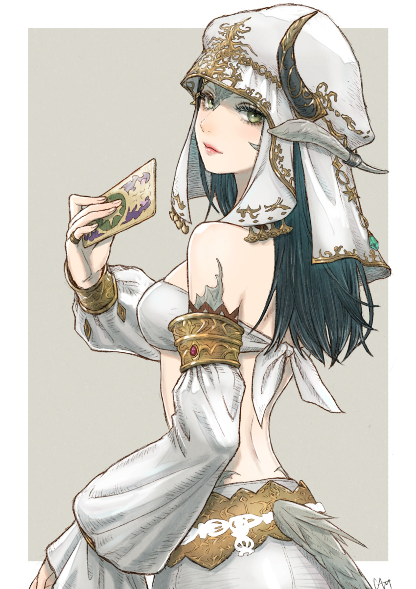 1girl absurdres astrologian_(final_fantasy) au_ra bare_shoulders black_hair breasts cam_(cammero95713700) card commentary_request detached_sleeves final_fantasy final_fantasy_xiv from_side gem green_eyes highres holding holding_card horns jewelry lips lizard_tail long_hair looking_at_viewer looking_to_the_side medium_breasts ring scales signature solo tail two-tone_background veil