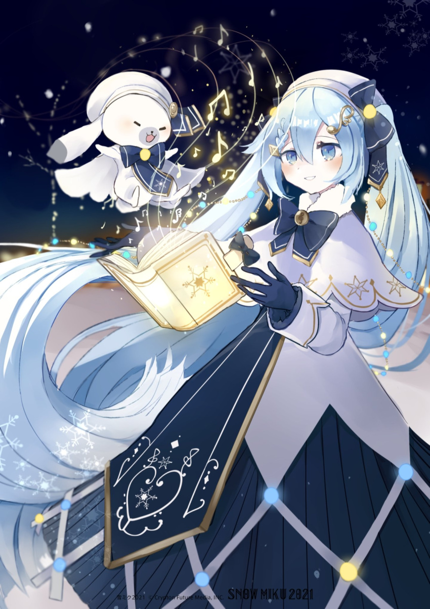 1girl 1other absurdly_long_hair amaminminzemi bass_clef beret blue_bow blue_gloves blue_neckwear blue_tabard book bow bowtie braid capelet christmas_lights commentary dress floating fur-trimmed_capelet fur_trim gloves glowing gold_trim hair_bow hair_ornament hat hatsune_miku highres hoop_skirt light_blue_eyes light_blue_hair light_smile long_hair musical_note musical_note_hair_ornament night open_mouth parted_lips rabbit rabbit_yukine snowflake_print tabard treble_clef twintails very_long_hair vocaloid white_capelet white_dress white_headwear yuki_miku yuki_miku_(2021)