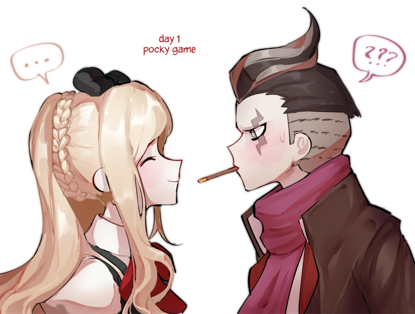... 1boy 1girl ? ?? bangs barry_nah black_bow black_hair black_jacket blonde_hair blush bow bowtie braid closed_eyes commentary_request dangan_ronpa_(series) dangan_ronpa_2:_goodbye_despair english_text food french_braid from_side grey_eyes grey_hair hair_bow highres jacket long_hair looking_at_another mouth_hold multicolored_hair pocky profile puffy_short_sleeves puffy_sleeves purple_scarf red_bow scarf short_hair short_sleeves simple_background smile sonia_nevermind spoken_ellipsis spoken_question_mark sweatdrop tanaka_gandamu white_background