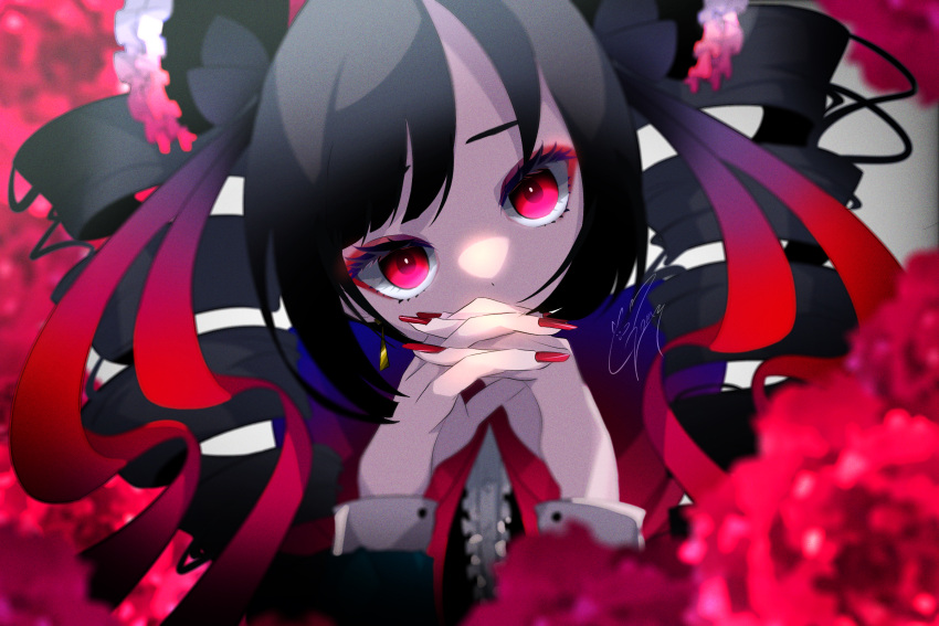 1girl bangs black_bow black_hair bow drill_hair eyeshadow flower goma_irasuto hair_bow hands_over_mouth hands_together head_tilt highres makeup original red_eyes red_eyeshadow red_flower red_theme shaded_face signature twintails