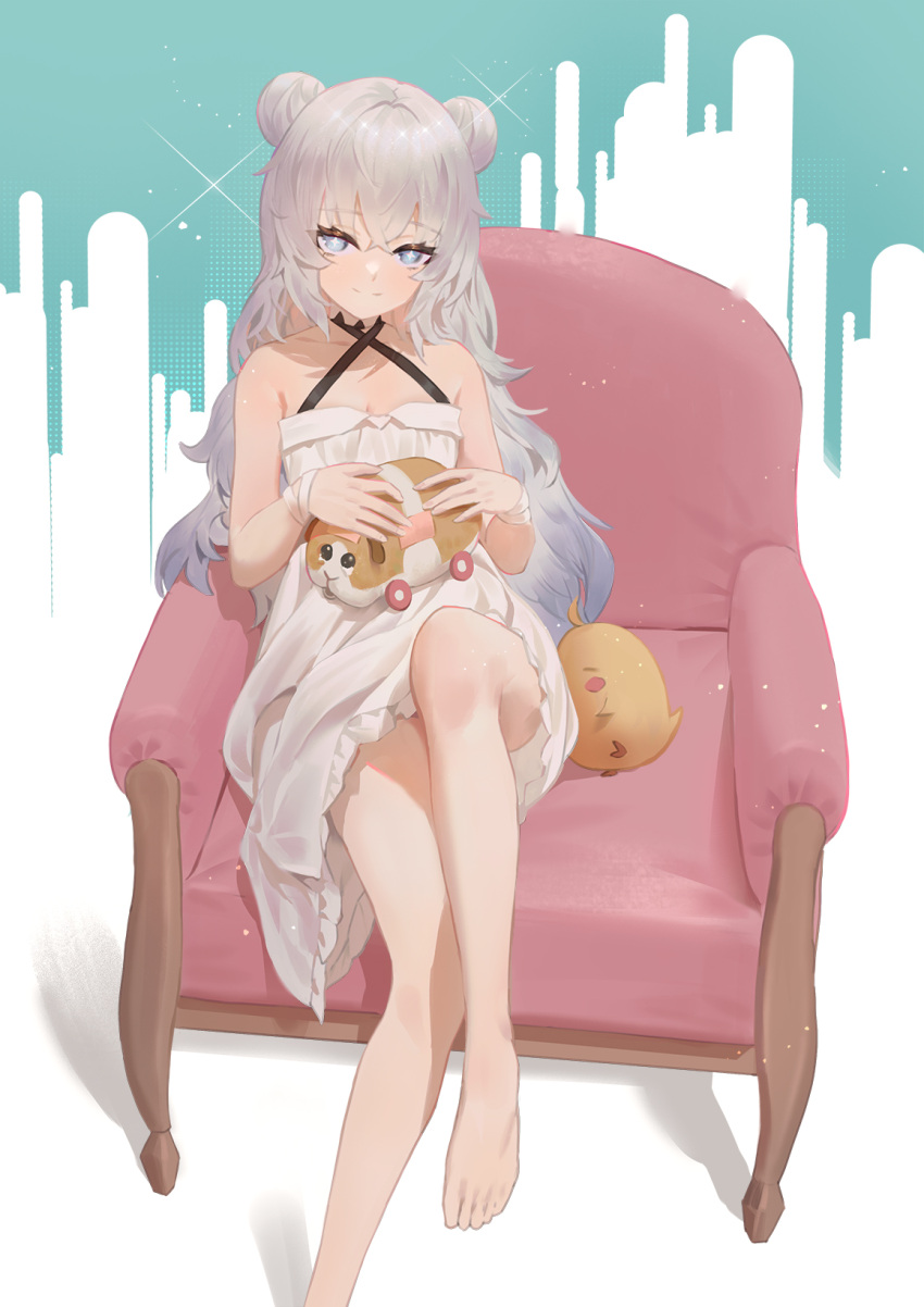 +_+ azur_lane bare_arms bare_legs bare_shoulders barefoot breasts cirilla couch double_bun dress feet grey_eyes highres le_malin_(azur_lane) long_hair looking_at_viewer manjuu_(azur_lane) molcar no_shoes pui_pui_molcar silver_hair skirt small_breasts symbol-shaped_pupils toy very_long_hair white_dress white_skirt