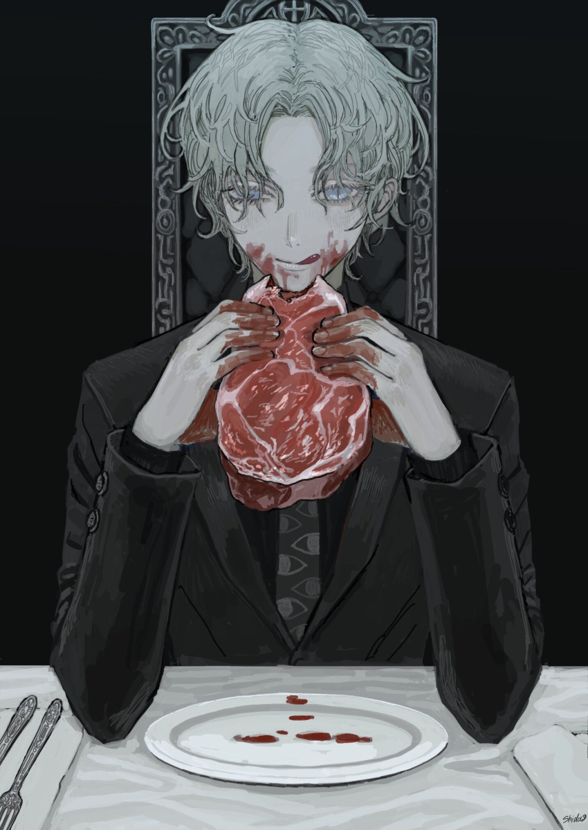 1boy black_neckwear blood blood_on_face bloody_hands blue_eyes chair closed_mouth eating elbows_on_table fingernails food fork formal grey_hair highres holding holding_food licking_lips light_blue_eyes male_focus meat napkin necktie neckwear original patterned patterned_clothing plate raw_meat shida_7 signature sitting slit_pupils solo suit table tongue tongue_out