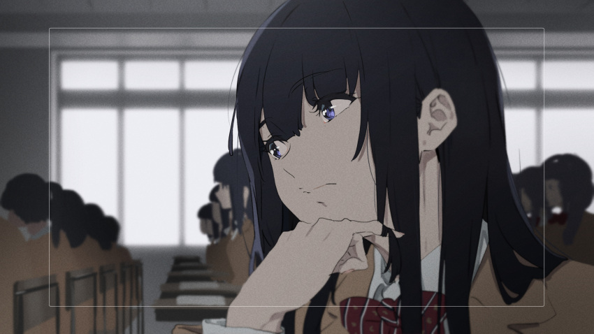 aizawa_ayaka black_hair blazer blurry bow bowtie chair classroom collared_shirt commentary_request depth_of_field desk hair_twirling highres jacket kamo_kamen multiple_girls red_bow red_neckwear school_chair school_desk school_uniform shirt solo_focus violet_eyes wasureenu_majo_no_monogatari white_shirt