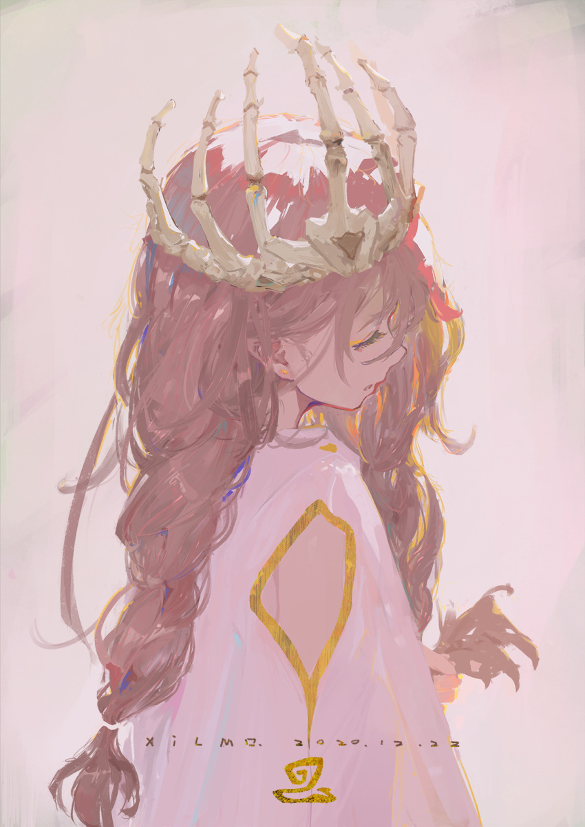 1girl bone brown_hair closed_eyes crown dated highres holding holding_hair long_hair original parted_lips signature solo xilmo