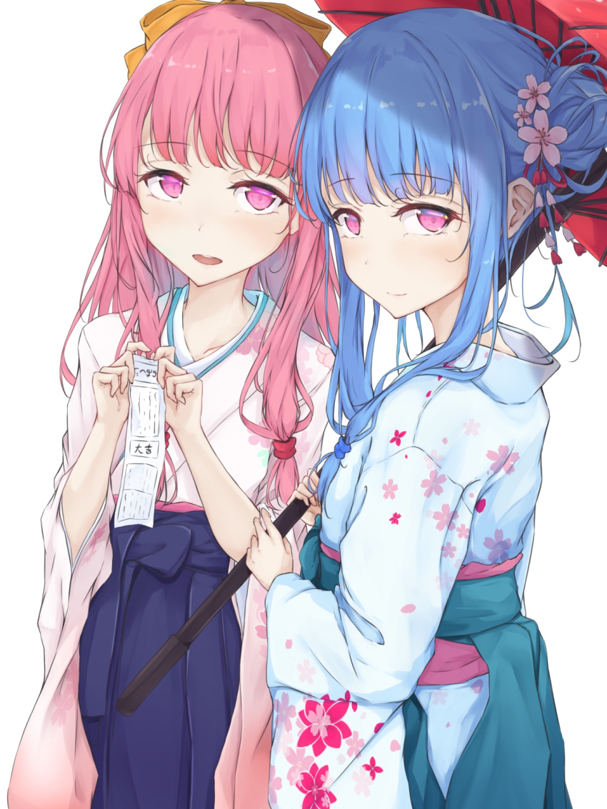 2girls blue_hair blue_kimono blue_skirt cherry_blossom_print commentary floral_print flower hair_flower hair_ornament highres holding holding_paper holding_umbrella japanese_clothes kimono kotonoha_akane kotonoha_aoi long_hair looking_at_viewer multiple_girls oil-paper_umbrella omikuji open_mouth paper pink_eyes pink_hair pink_kimono siblings sisters skirt smile translated umbrella upper_body vipper_captain voiceroid white_background