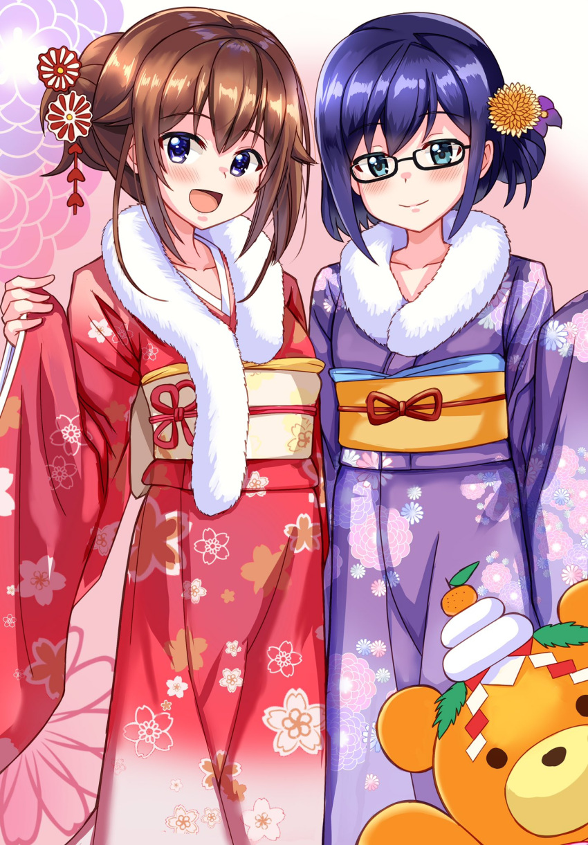 2girls :d alternate_costume alternate_hairstyle ankimo_(tokino_sora) aqua_eyes bangs black-framed_eyewear blue_eyes blue_hair blush breasts brown_hair closed_mouth collarbone commentary_request eyebrows_visible_through_hair floral_print flower folded_ponytail food fruit fur_collar glasses hair_bun hair_flower hair_ornament highres hololive japanese_clothes kimono long_sleeves looking_at_viewer multiple_girls nootomo obi open_mouth print_kimono purple_kimono red_kimono sash shide smile standing stuffed_animal stuffed_toy teddy_bear tokino_sora virtual_youtuber wide_sleeves yuujin_a_(hololive)