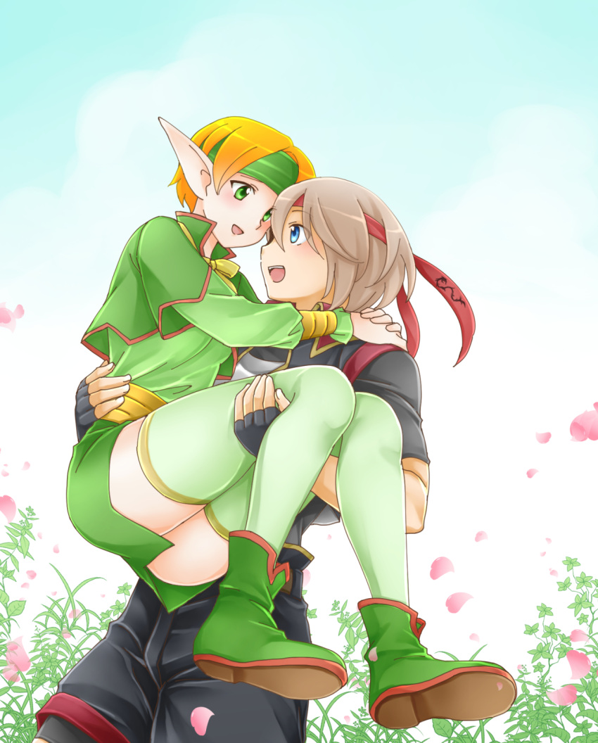 1boy 1girl :d black_gloves black_shirt black_shorts blue_eyes blue_sky blush boots brown_hair carrying couple day elf fingerless_gloves gensou_suikoden gensou_suikoden_iv gloves green_capelet green_eyes green_footwear green_headband green_legwear green_shirt green_skirt hair_between_eyes ham_pon headband hetero highres lazlo looking_at_another open_mouth orange_hair outdoors paula_(suikoden) petals pointy_ears red_headband shirt short_hair shorts skirt sky smile thigh-highs