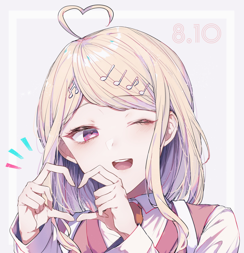 1girl ahoge akamatsu_kaede bangs blonde_hair border collared_shirt commentary_request dangan_ronpa_(series) dangan_ronpa_v3:_killing_harmony eyebrows_visible_through_hair face goto_(sep) grey_background grey_border hair_ornament hands_up heart heart_ahoge heart_hands long_hair long_sleeves looking_at_viewer musical_note_hair_ornament necktie open_mouth pink_eyes pink_vest shirt smile solo upper_body upper_teeth vest white_border white_shirt