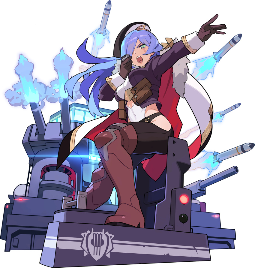 1girl arm_up armored_boots artist_request bangs battleship beret black_headwear black_legwear blue_hair boots breasts brown_footwear brown_gloves brown_legwear cape covered_navel eyebrows_visible_through_hair from_side full_body fur-trimmed_cape fur_trim gloves glowing green_eyes hair_over_one_eye half-closed_eyes hand_up hat highres hip_vent jacket large_breasts leggings leotard long_hair long_sleeves looking_to_the_side military military_vehicle missile non-web_source official_art open_clothes open_jacket open_mouth outstretched_arm pouch purple_jacket scar scar_across_eye shiny shiny_hair ship sidelocks sirene_(world_flipper) sitting smoke solo teeth thigh-highs thigh_boots transparent_background two-sided_cape two-sided_fabric v-shaped_eyebrows warship watercraft white_cape white_leotard world_flipper
