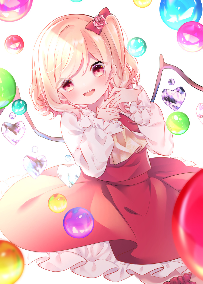 1girl absurdres arms_up blonde_hair cacao_(cacaomgmg) cowboy_shot cravat dutch_angle flandre_scarlet flower garters hair_flower hair_ornament hair_ribbon highres long_sleeves looking_at_viewer no_hat no_headwear one_side_up open_mouth own_hands_together pink_flower pink_rose red_eyes red_skirt red_vest ribbon rose shirt short_hair simple_background skirt solo sphere touhou upper_teeth vest white_background white_shirt wings yellow_neckwear