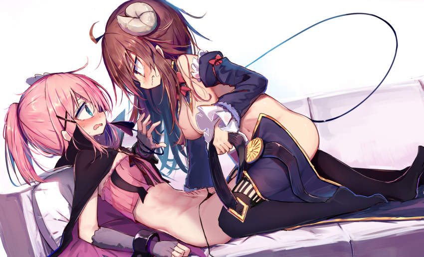 2girls ahoge beize_(garbage) belt blue_eyes blush bow breasts brown_hair cape chiyoda_momo collar couch cross_hair_ornament demon_girl demon_horns demon_tail eye_contact hair_ornament horns kneeling large_breasts long_hair looking_at_another machikado_mazoku multiple_girls navel no_shoes pillow pink_hair ponytail scar scared simple_background sweat tail tail_wrap tears thigh-highs thong topless undressing wavy_mouth white_background yellow_eyes yoshida_yuuko_(machikado_mazoku) you_gonna_get_raped yuri