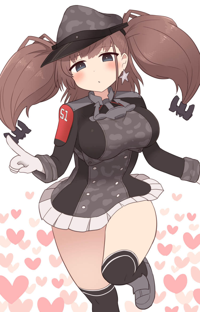 1girl anchor_hair_ornament atlanta_(kantai_collection) black_headwear black_legwear blush brown_hair cosplay earrings gloves grey_eyes grey_footwear hair_ornament hat heart highres jewelry kantai_collection leg_up long_hair over-kneehighs peaked_cap prinz_eugen_(kantai_collection) prinz_eugen_(kantai_collection)_(cosplay) simoyuki skirt solo star_(symbol) star_earrings thigh-highs two_side_up white_background white_gloves white_skirt