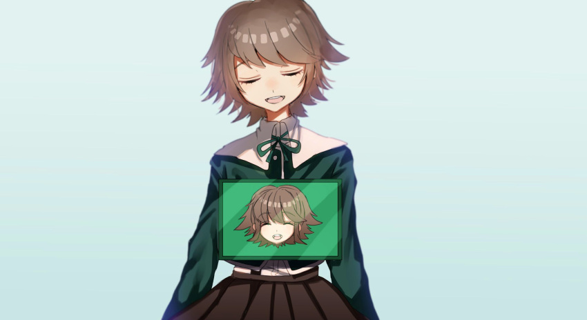 1boy alter_ego bangs brown_hair brown_skirt closed_eyes cowboy_shot dangan_ronpa:_trigger_happy_havoc dangan_ronpa_(series) eyebrows_visible_through_hair fujisaki_chihiro green_jacket green_ribbon happy highres jacket long_sleeves looking_at_viewer male_focus mdr_(mdrmdr1003) neck_ribbon open_mouth otoko_no_ko ribbon school_uniform shirt short_hair simple_background skirt smile symbol_commentary