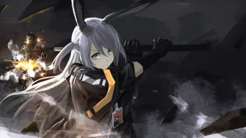 1girl arknights black_cloak black_gloves black_shirt cloak gloves grey_eyes grey_hair hammer highres holding holding_hammer holding_weapon id_card long_hair looking_at_viewer savage_(arknights) sentou_kouhei_kitsune shirt sledgehammer solo two_side_up upper_body weapon