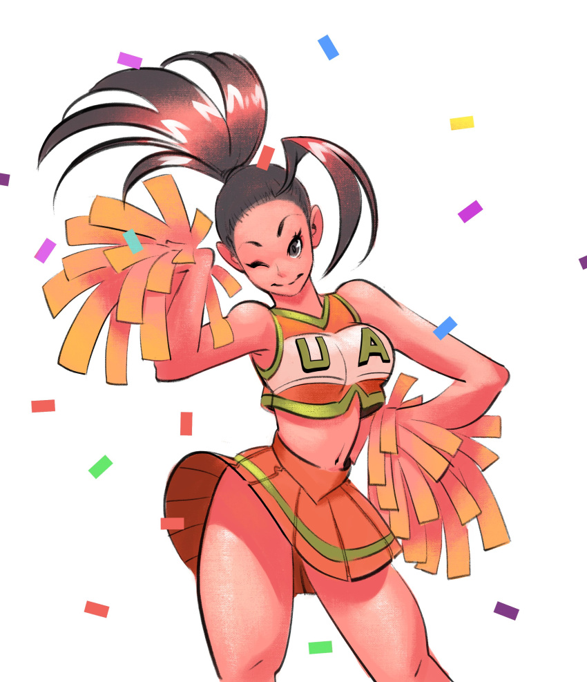 1girl absurdres black_eyes black_hair boku_no_hero_academia cheerleader confetti cowboy_shot crop_top hand_up highres holding holding_pom_poms looking_at_viewer midriff navel one_eye_closed orange_skirt philip_bawasanta pleated_skirt pom_poms ponytail shirt skirt sleeveless sleeveless_shirt solo white_background yaoyorozu_momo