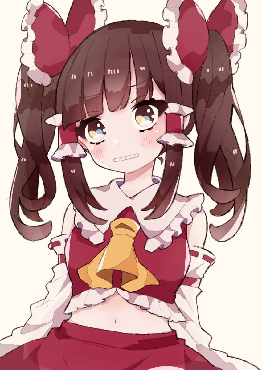 1girl aji_(pokedegi) alternate_hairstyle bangs bare_shoulders beige_background blunt_bangs blush bow brown_eyes brown_hair clenched_teeth commentary cravat detached_sleeves frilled_bow frills hair_bow hair_tubes hakurei_reimu highres long_hair long_sleeves midriff navel red_bow red_shirt red_skirt shirt simple_background skirt solo teeth touhou twintails upper_body yellow_neckwear