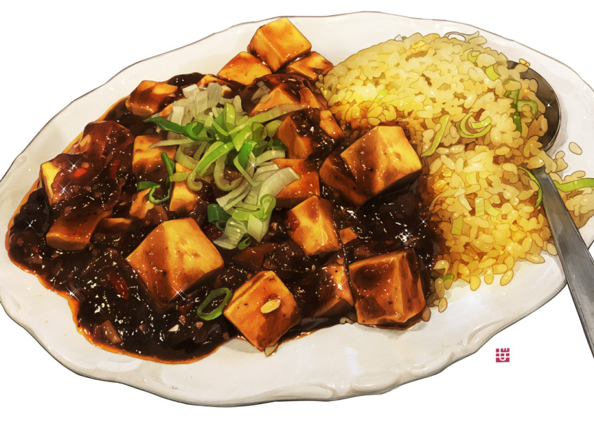 food food_focus fried_rice garnish momiji_mao no_humans original plate realistic rice sauce simple_background sparkle spoon spring_onion still_life tofu white_background