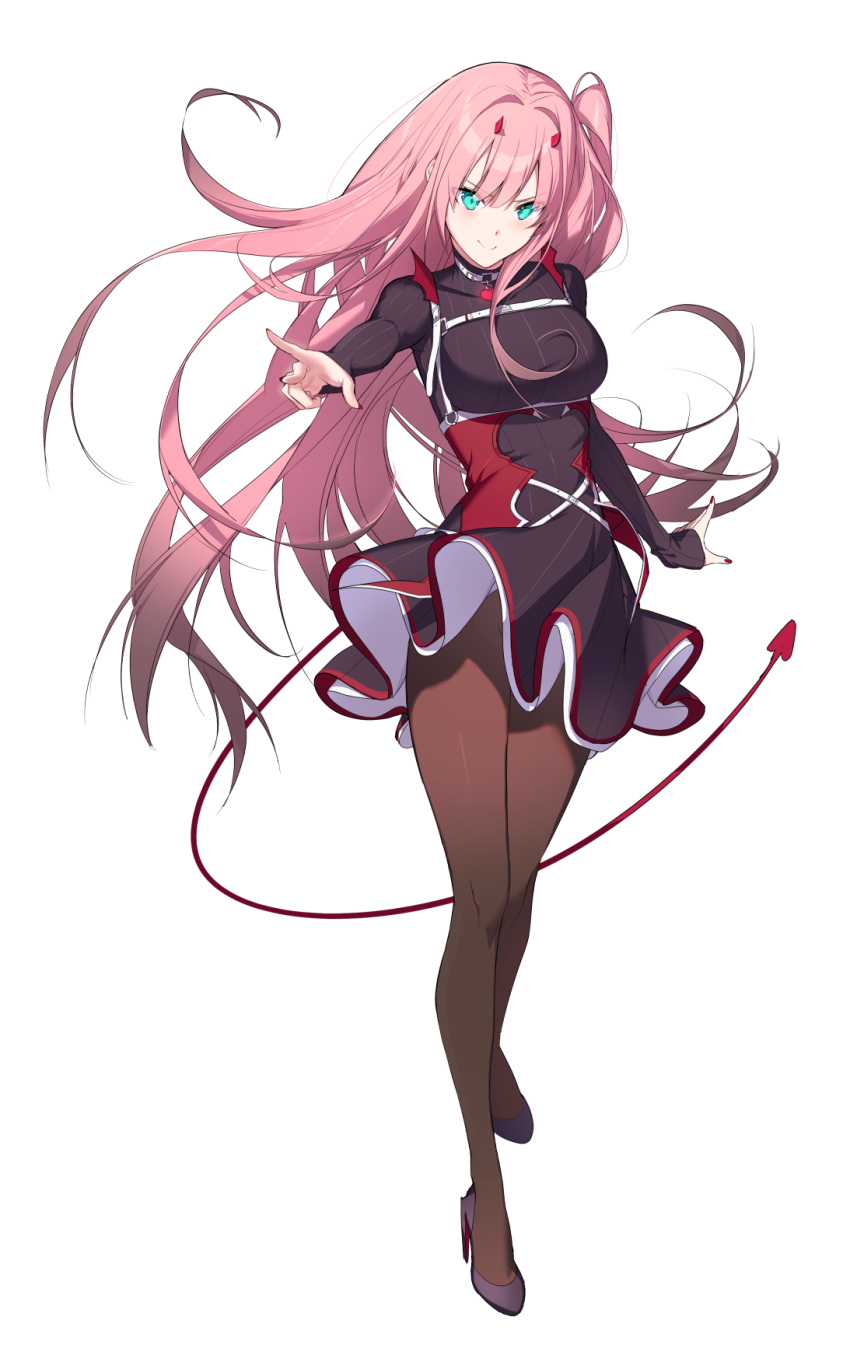 1girl alternate_hairstyle aqua_eyes bangs black_dress blunt_bangs character_request check_character check_copyright chest_strap closed_mouth collar copyright_request darling_in_the_franxx demon_tail dress floating_hair full_body harness heart_collar high_heels highres horns long_hair long_sleeves looking_at_viewer myo_ne nail_polish one_side_up outstretched_arm pantyhose pink_hair red_horns red_nails ribbed_dress sheer_legwear simple_background sleeves_past_wrists smile solo standing tail underbust very_long_hair white_background zero_two_(darling_in_the_franxx)