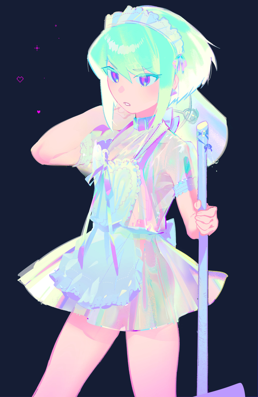 1boy absurdres androgynous arm_over_shoulder bucket collar crossdressinging dark_background earrings green_hair heart_apron highres holding iridescent jewelry km_(ksolee1201) lio_fotia maid maid_headdress otoko_no_ko pink_eyes promare ribbon see-through short_hair short_sleeves simple_background sparkle