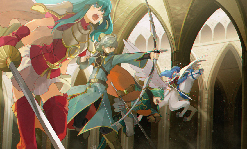 2boys 2girls ahoge armor arrow_(projectile) blonde_hair blue_hair boots bow_(weapon) brother_and_sister cape eirika_(fire_emblem) ephraim_(fire_emblem) fire_emblem fire_emblem:_the_sacred_stones gloves green_hair holding holding_bow_(weapon) holding_weapon horseback_riding innes_(fire_emblem) long_hair multiple_boys multiple_girls noki_(affabile) pegasus pegasus_knight riding siblings skirt smile tana_(fire_emblem) twins weapon