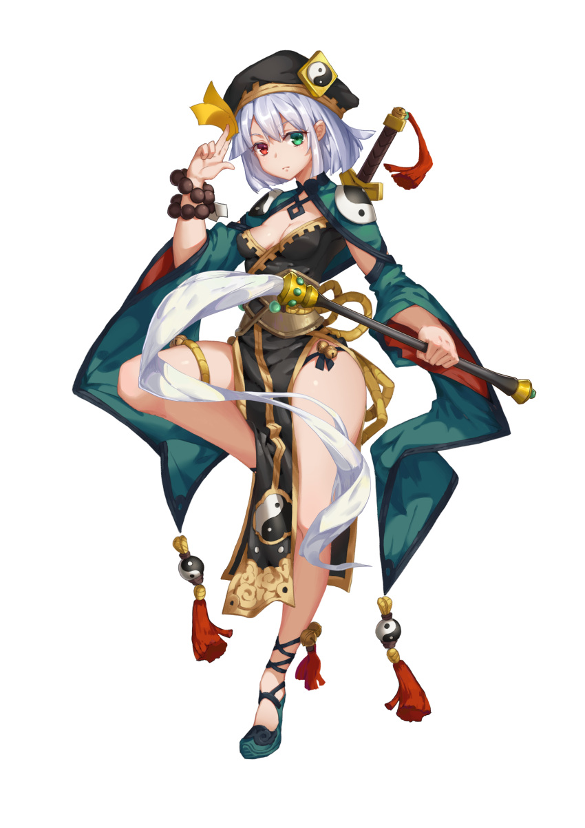 1girl absurdres breasts card chinese_clothes eyebrows_visible_through_hair full_body green_eyes hand_up hat heterochromia highres holding holding_card leg_up looking_at_viewer medium_breasts original red_eyes short_hair solo sword thigh-highs transparent_background weapon white_hair yezhi_na yin_yang