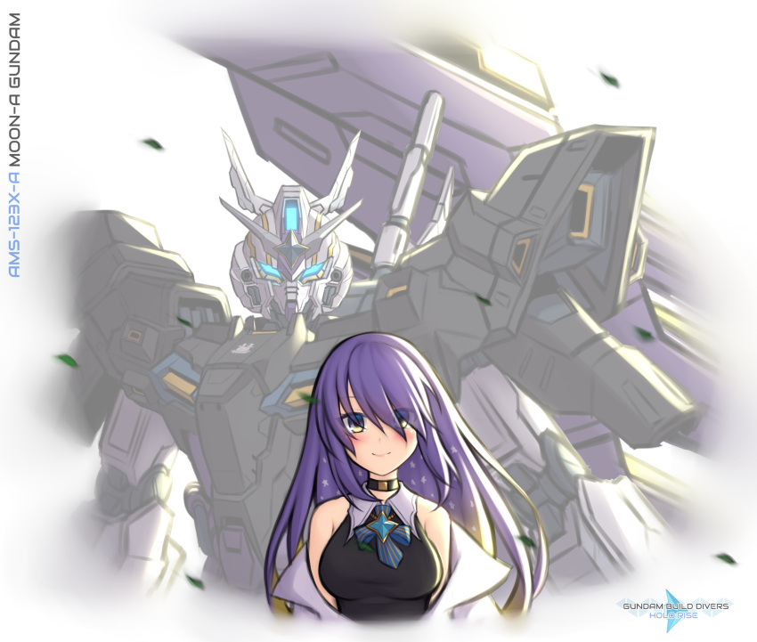 1girl absurdres black_choker blonde_hair blush breasts character_name choker crossover glowing glowing_eyes gradient_hair gundam gundam_build_divers gundam_build_divers_re:rise highres hololive hololive_indonesia jacket large_breasts logo_parody looking_at_viewer mecha mobile_suit_moon_gundam moon_gundam moona_hoshinova multicolored_hair namesake off_shoulder pinguinkotak psycho_plates purple_hair science_fiction shoulders smile v-fin violet_eyes virtual_youtuber white_jacket