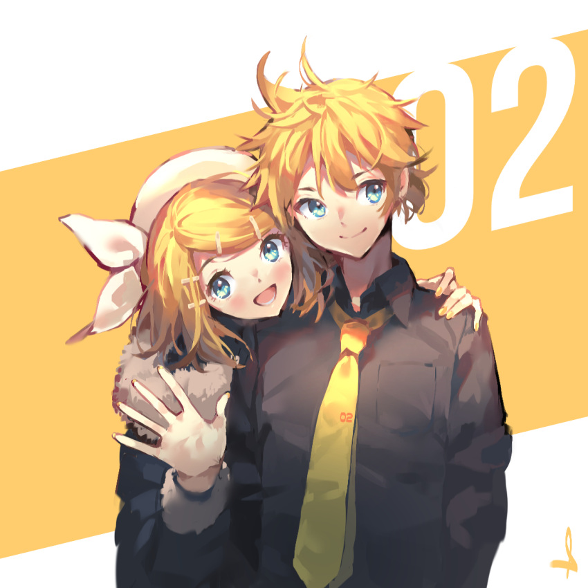 1boy 1girl aqua_eyes bangs black_shirt blonde_hair bow coat commentary fur-trimmed_coat fur_trim hair_bow hair_ornament hairclip hand_on_another's_shoulder highres kagamine_len kagamine_rin looking_at_viewer making-of_available necktie open_hand open_mouth shijohane shirt short_hair sideways_glance smile swept_bangs upper_body vocaloid waving white_bow white_headwear yellow_nails yellow_neckwear