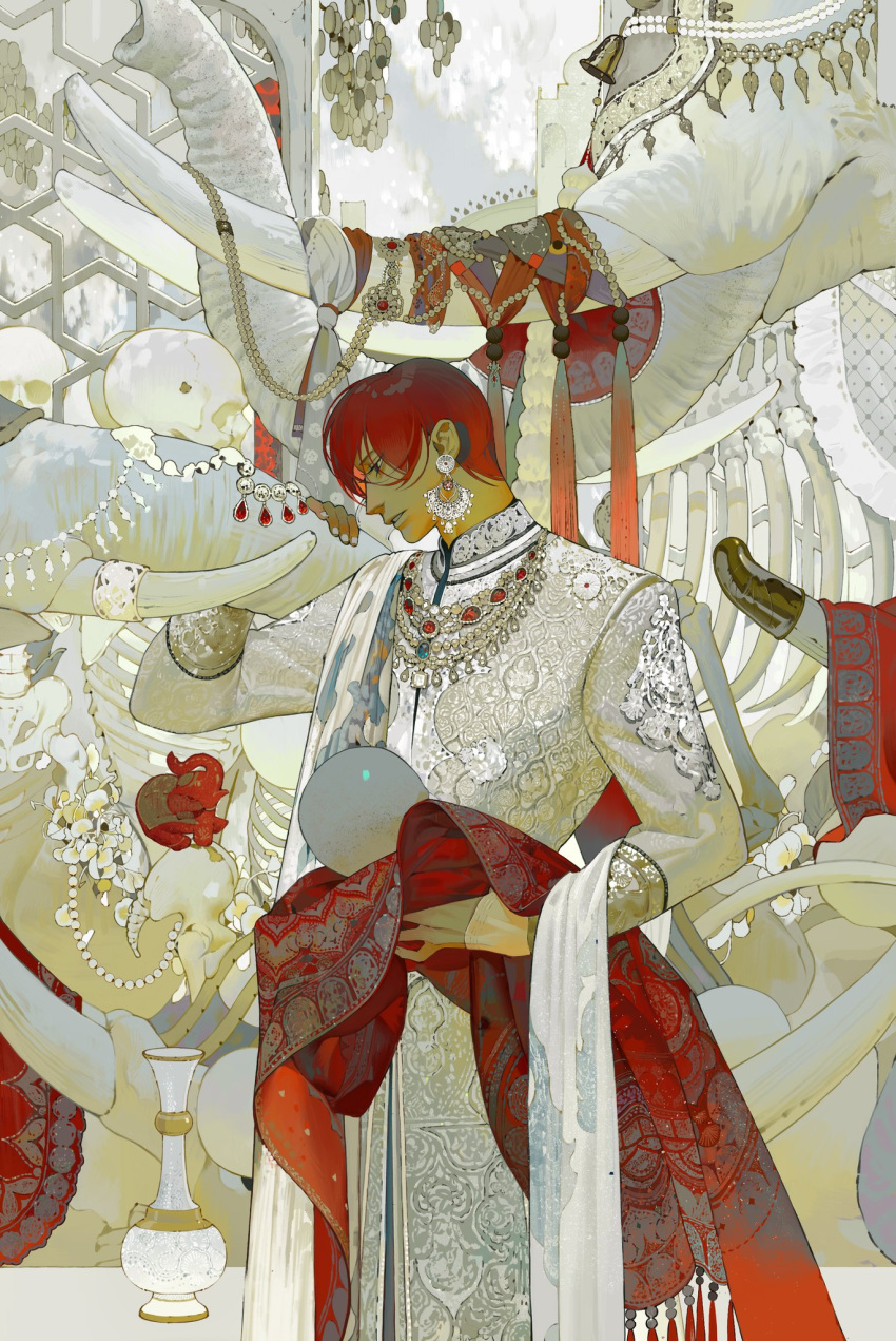 1boy animal cowboy_shot earrings elephant highres jewelry long_sleeves male_focus necklace original profile quruiqing redhead short_hair skull solo tusks vase white_nails