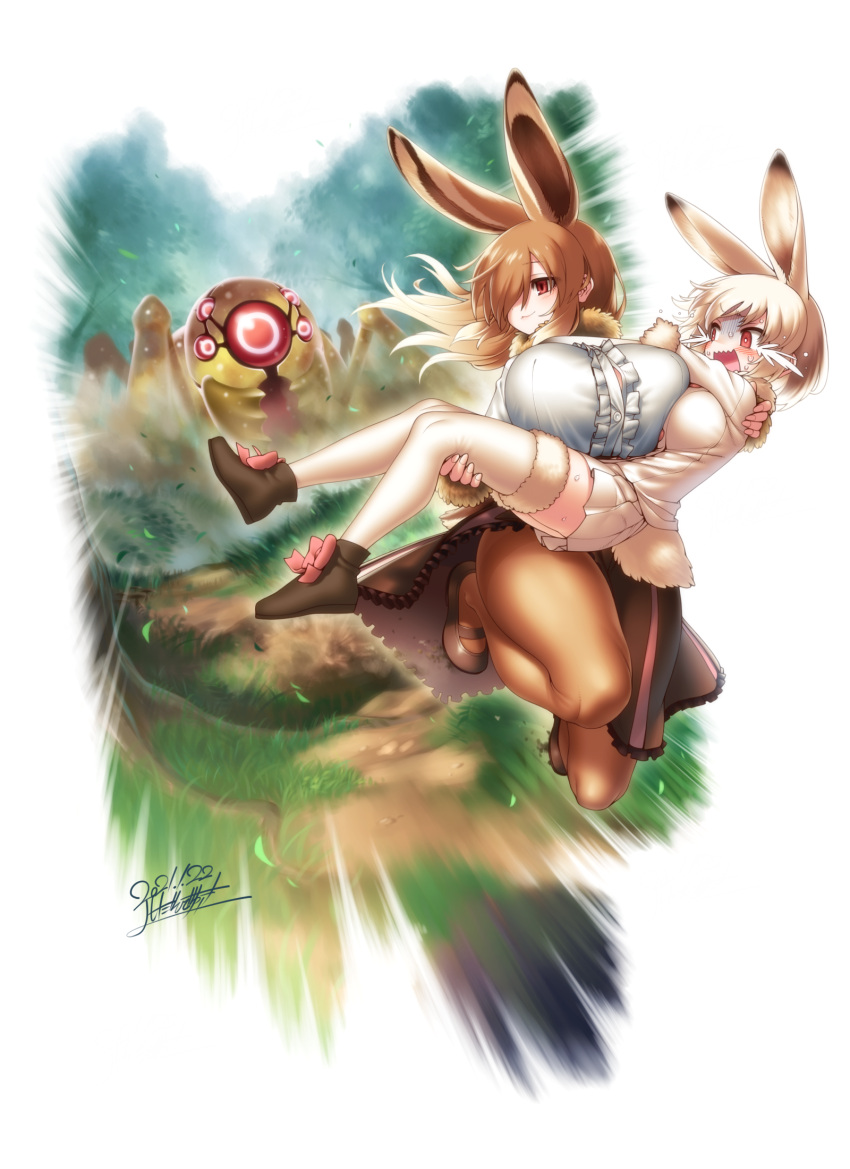 2girls :3 animal_ears black_footwear blonde_hair blush boot_bow boots bow bow_footwear breasts brown_hair brown_legwear bunny_tail carrying cellien_(kemono_friends) center_frills chasing commentary crying dated day european_hare_(kemono_friends) extra_ears fleeing frills fur-trimmed_legwear fur-trimmed_sleeves fur_collar fur_trim gloom_(expression) gradient_hair grass hair_over_one_eye highres huge_breasts kemono_friends long_hair mary_janes monster mountain_hare_(kemono_friends) multicolored_hair multiple_girls outdoors pantyhose pink_bow princess_carry rabbit_ears rabbit_girl red_eyes running scared shoes short_hair signature skirt smile speed_lines streaming_tears sweat sweating_profusely tail tears thigh-highs tree white_hair white_legwear white_skirt yoshida_hideyuki zettai_ryouiki