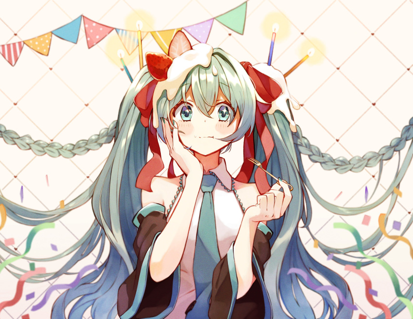 1girl absurdres bare_shoulders black_sleeves blue_eyes blue_hair blue_neckwear blush braid candle checkered checkered_background closed_mouth confetti detached_sleeves eyebrows_visible_through_hair food food_on_head fork fruit hair_between_eyes hair_ornament hair_ribbon hand_on_own_face hatsune_miku heart highres holding holding_fork long_hair looking_at_viewer necktie object_on_head pinkusan red_ribbon ribbon shirt sidelocks smile solo strawberry streamers twintails upper_body very_long_hair vocaloid wide_sleeves