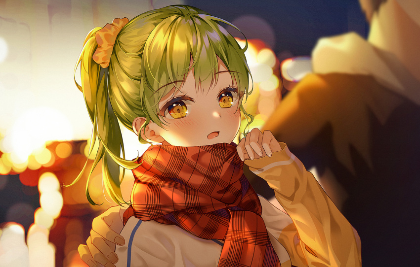 1boy 1girl arm_around_shoulder blurry blurry_background blush connie_(keean2019) green_hair jacket long_hair long_sleeves looking_at_viewer night open_mouth original outdoors plaid plaid_scarf ponytail red_scarf scarf scrunchie winter yellow_eyes