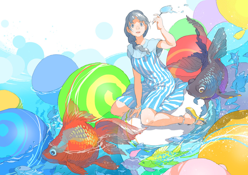 1girl bangs bare_legs blue_dress bracelet dress fish goldfish grey_eyes grey_hair hair_over_shoulder hand_up jewelry long_hair original pomodorosa ponytail sandals sitting solo striped striped_dress water