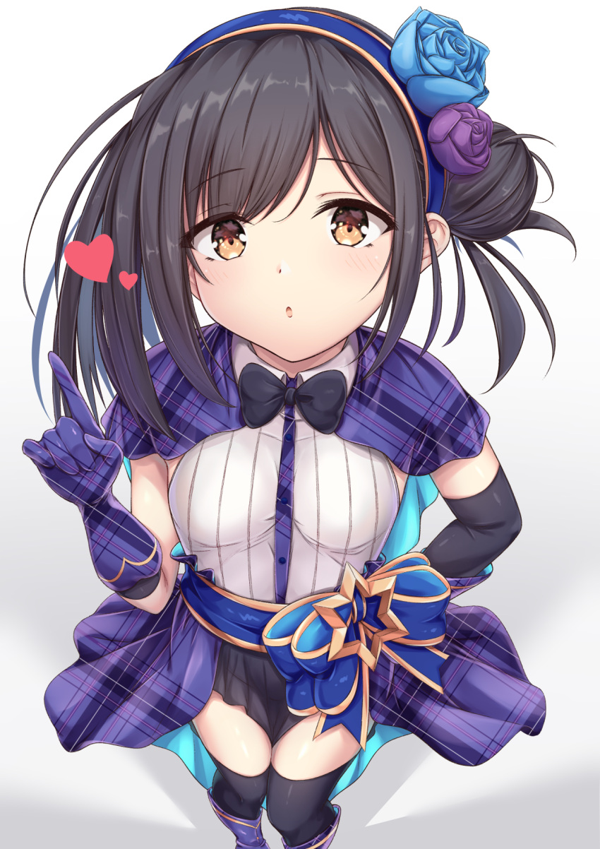 1girl :o arata_(xin) bangs black_hair blush breasts brown_eyes eyebrows_visible_through_hair fate/grand_order fate/kaleid_liner_prisma_illya fate_(series) gloves hair_bun hair_ornament hairband hand_on_hip hand_up highres long_hair looking_at_viewer miyu_edelfelt open_mouth sidelocks skirt small_breasts solo thigh-highs thighs