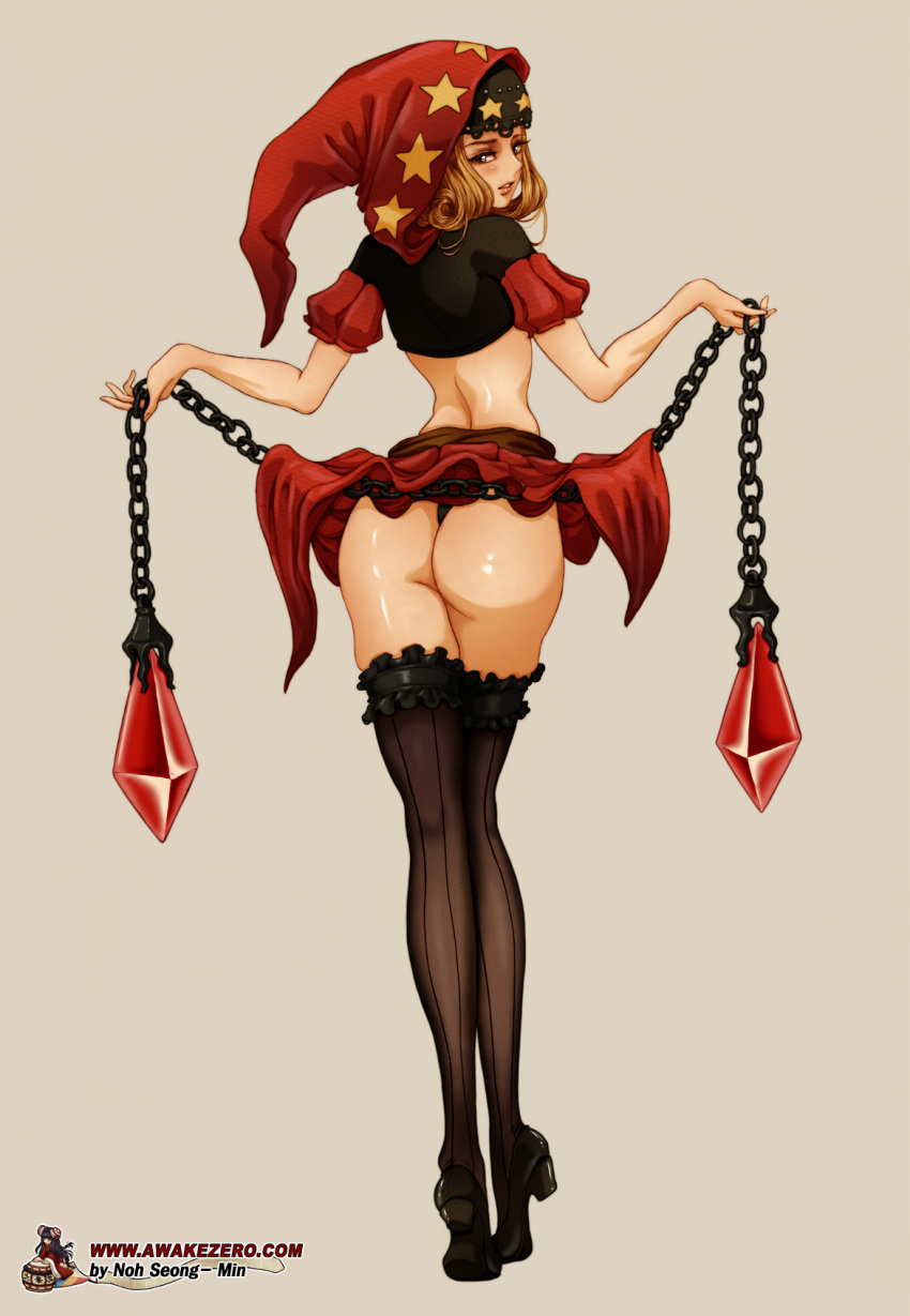 1girl artist_name ass bare_arms black_eyes black_footwear black_legwear black_panties brown_hair chain expressionless from_behind full_body gem grey_background highres holding holding_chain hood looking_at_viewer looking_back noh_seong-min odin_sphere panties parted_lips shiny shiny_skin shoes short_hair solo standing star_(symbol) thigh-highs underwear velvet_(odin_sphere) watermark web_address