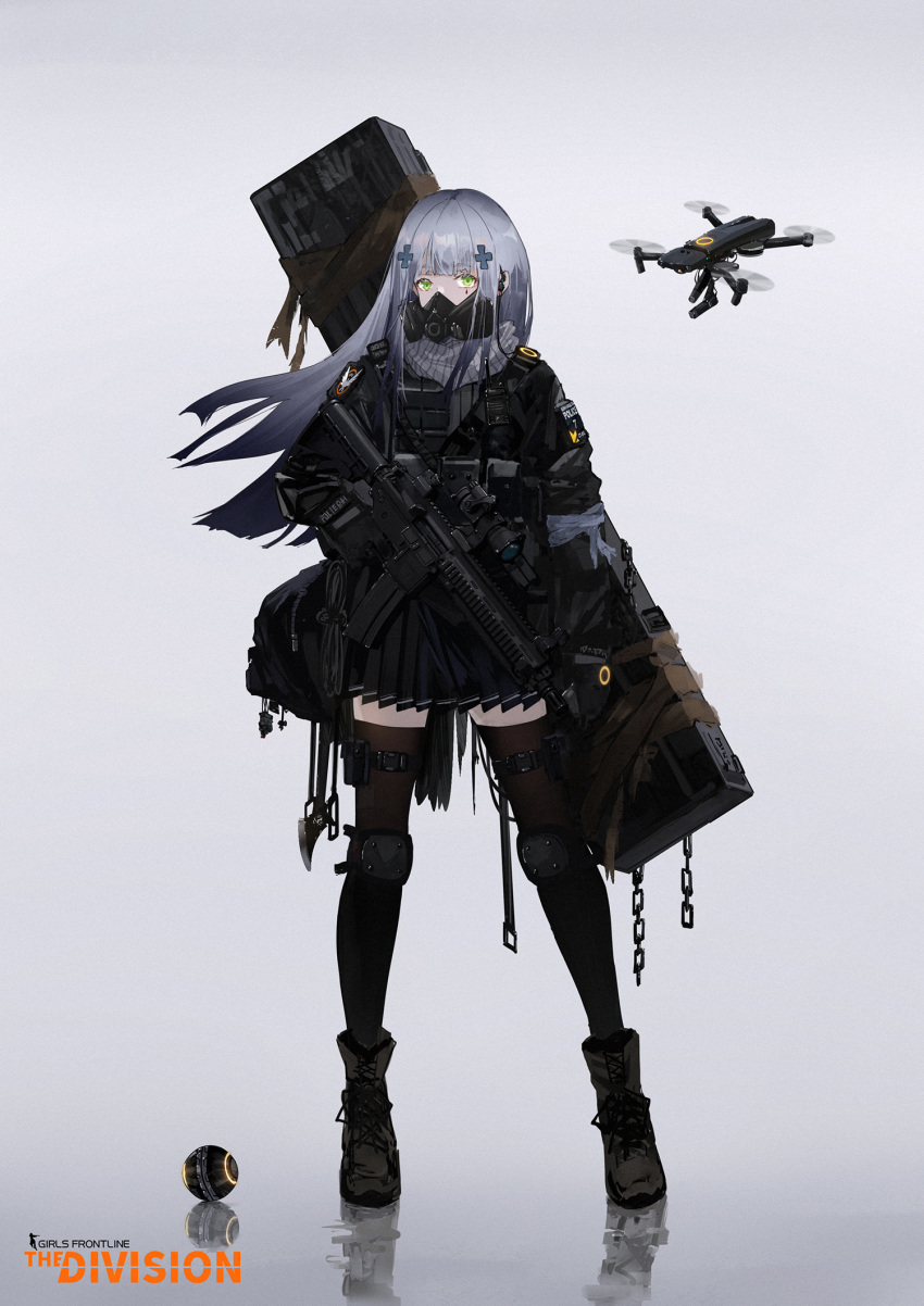 1girl assault_rifle bangs black_gloves black_jacket black_skirt blunt_bangs drone facial_mark gas_mask girls_frontline gloves green_eyes gun h&amp;k_hk416 hair_ornament highres hk416_(girls_frontline) holding holding_gun holding_weapon jacket knee_pads long_hair pleated_skirt rifle scarf shoes silver_hair skirt solo straight_hair strap tactical_clothes thigh-highs tom_clancy's_the_division weapon weapon_case yuuki_mix