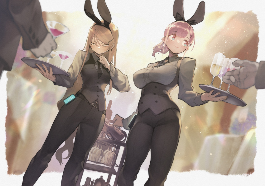1girl 3boys animal_ears belt black_belt black_pants blonde_hair blush bottle breasts closed_mouth commentary_request drink fake_animal_ears glass highres holding holding_plate hyocorou kyouka_jinrui_amunero large_breasts long_hair long_sleeves multiple_boys original pants pink_hair plate rabbit_ears red_eyes reverse_trap short_hair short_ponytail standing yellow_eyes