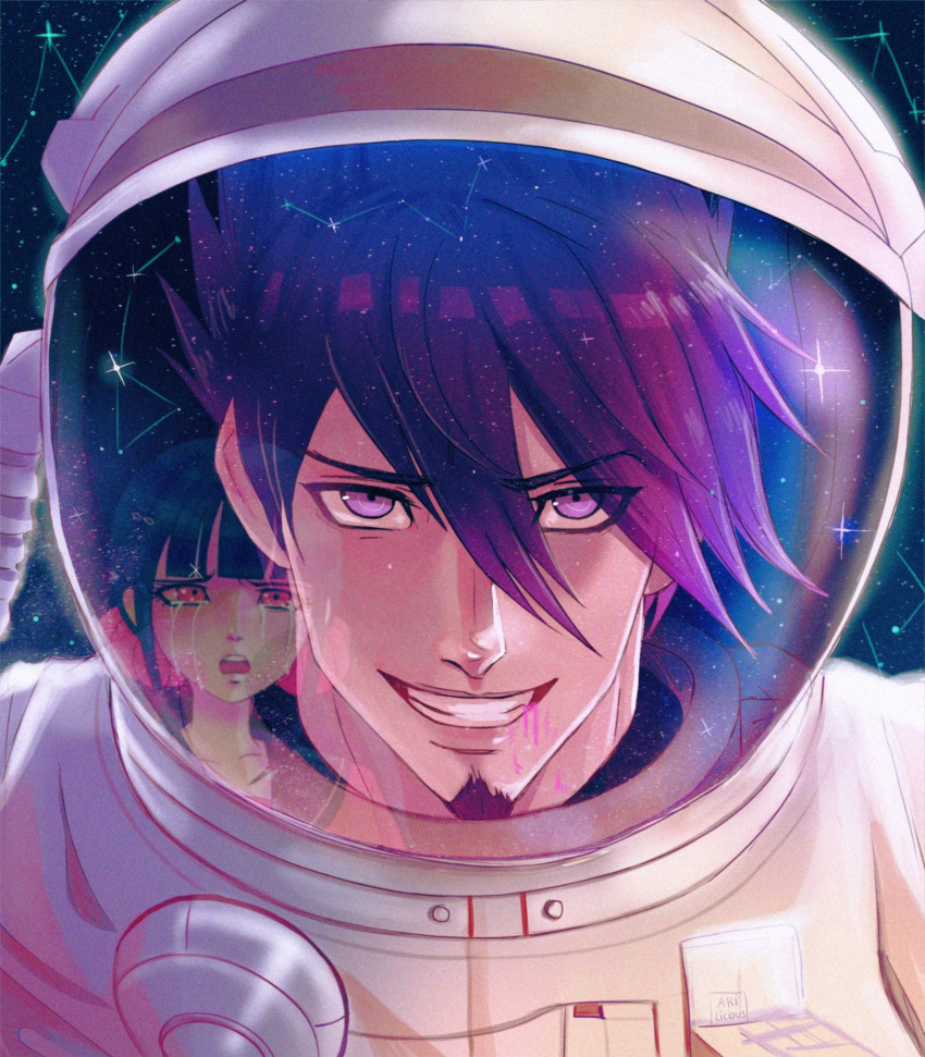 1boy 1girl alternate_costume astronaut bangs collarbone commentary constellation crying crying_with_eyes_open dangan_ronpa_(series) dangan_ronpa_v3:_killing_harmony face facial_hair goatee grin hair_between_eyes hair_ornament hair_scrunchie hairclip harukawa_maki highres looking_at_another looking_at_viewer low_twintails male_focus missarilicious momota_kaito open_mouth pink_blood pink_eyes red_eyes red_scrunchie reflection scrunchie sky smile solo_focus space space_helmet star_(sky) starry_sky tears twintails upper_teeth