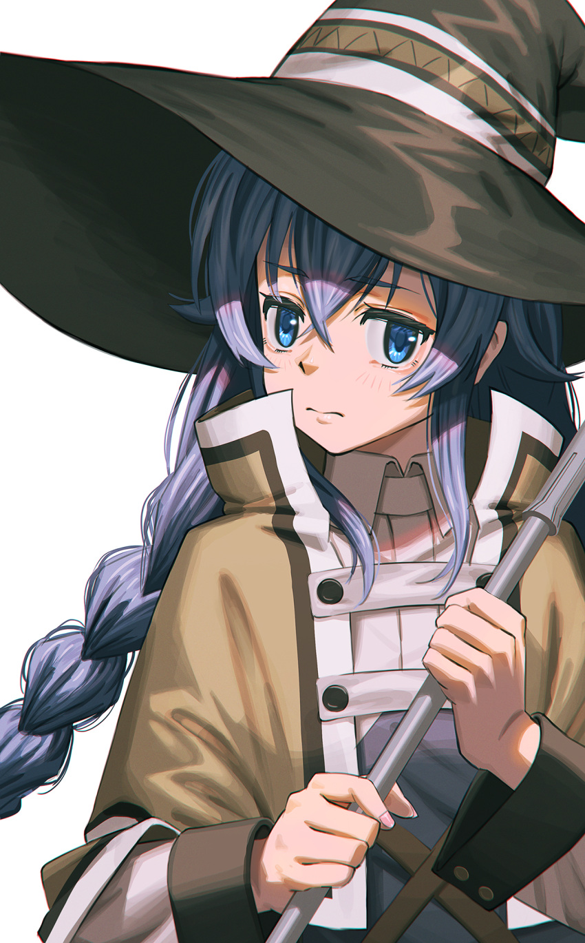 1girl bangs blue_eyes blue_hair blush braid brown_cape brown_headwear cape closed_mouth commentary_request eyebrows_visible_through_hair hair_between_eyes hat highres hironii_(hirofactory) holding long_hair long_sleeves looking_at_viewer mushoku_tensei roxy_migurdia shirt simple_background single_braid solo two-handed upper_body very_long_hair white_background white_shirt witch_hat