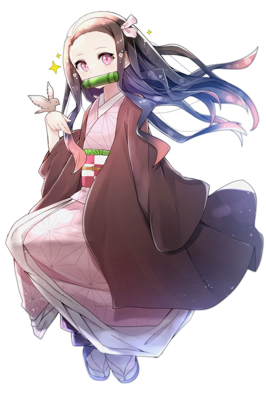 1girl absurdres animal animal_on_hand bamboo bird bird_on_hand bit_gag black_footwear black_hair blush brown_hair checkered commentary_request forehead full_body gag gradient_hair hair_ribbon highres himemiya_shuang japanese_clothes kamado_nezuko kimetsu_no_yaiba kimono long_hair long_sleeves looking_at_viewer mouth_hold multicolored_hair obi open_clothes pink_eyes pink_kimono pink_ribbon ribbon sash simple_background sleeves_past_fingers sleeves_past_wrists solo sparkle tabi very_long_hair white_background white_legwear wide_sleeves zouri