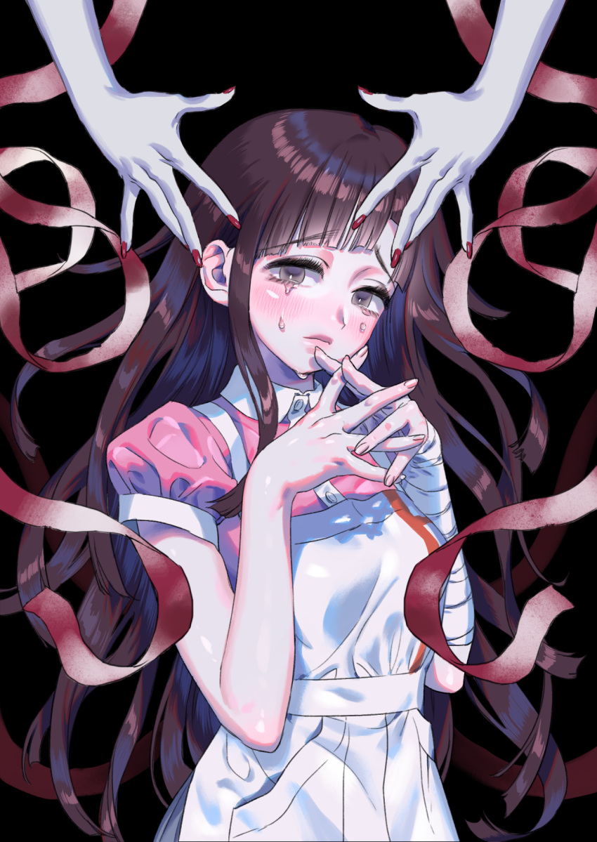 2girls apron bandaged_arm bandages bangs black_background blush commentary_request cowboy_shot crying crying_with_eyes_open dangan_ronpa:_trigger_happy_havoc dangan_ronpa_(series) dangan_ronpa_2:_goodbye_despair dress_shirt enoshima_junko highres long_hair looking_at_viewer multiple_girls nail_polish own_hands_together pale_skin pink_shirt puffy_short_sleeves puffy_sleeves red_nails shiny shiny_hair shirt short_sleeves solo_focus sottan_(wowo0owow) tears tsumiki_mikan white_apron