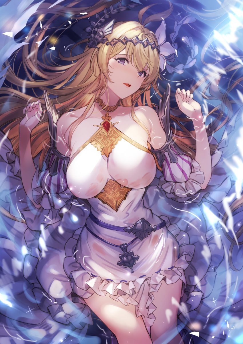 1girl absurdres bangs bare_shoulders blonde_hair blue_eyes blush breasts detached_sleeves dress eyebrows_visible_through_hair flower granblue_fantasy hair_between_eyes hair_flower hair_ornament hands_up highres jeanne_d'arc_(granblue_fantasy) kakage large_breasts long_hair looking_at_viewer open_mouth partially_submerged sidelocks smile solo wet