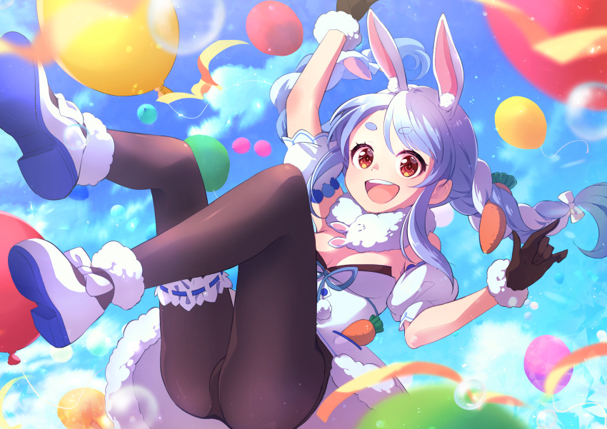 1girl :d absurdres animal_ear_fluff animal_ears ass balloon bangs black_gloves black_legwear blue_hair blue_sky blurry blurry_foreground braid breasts bubble carrot carrot_hair_ornament clouds cloudy_sky day depth_of_field dress eriko eyebrows_visible_through_hair floating food_themed_hair_ornament fur-trimmed_dress fur-trimmed_footwear fur-trimmed_gloves fur_scarf fur_trim garters gloves hair_ornament highres hololive long_hair looking_at_viewer multicolored_hair off-shoulder_dress off_shoulder open_mouth outdoors pantyhose rabbit_ears red_eyes scarf short_dress short_sleeves shorts sky small_breasts smile solo sparkle swept_bangs thick_eyebrows twin_braids twintails two-tone_hair usada_pekora virtual_youtuber white_dress white_hair white_scarf white_shorts