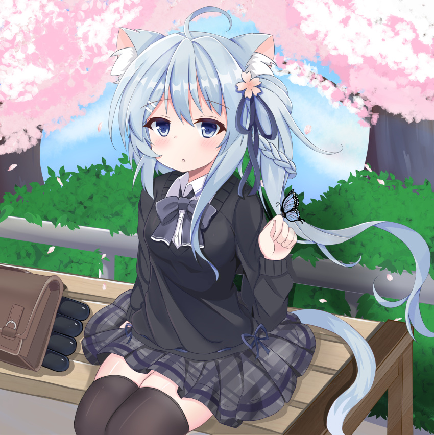 1girl absurdres ahoge animal_ear_fluff animal_ears asashio_(azur_lane) azur_lane bag bangs black_legwear blue_bow blue_butterfly blue_eyes blue_hair blue_ribbon blush bow braid breasts bug butterfly cat_ears cherry_blossoms eyebrows_visible_through_hair flower hair_between_eyes hair_ornament hand_up highres insect kurashina_yuzuki long_hair long_sleeves looking_at_viewer medium_breasts open_mouth parted_lips ribbon school_uniform sitting skirt solo thigh-highs thighs