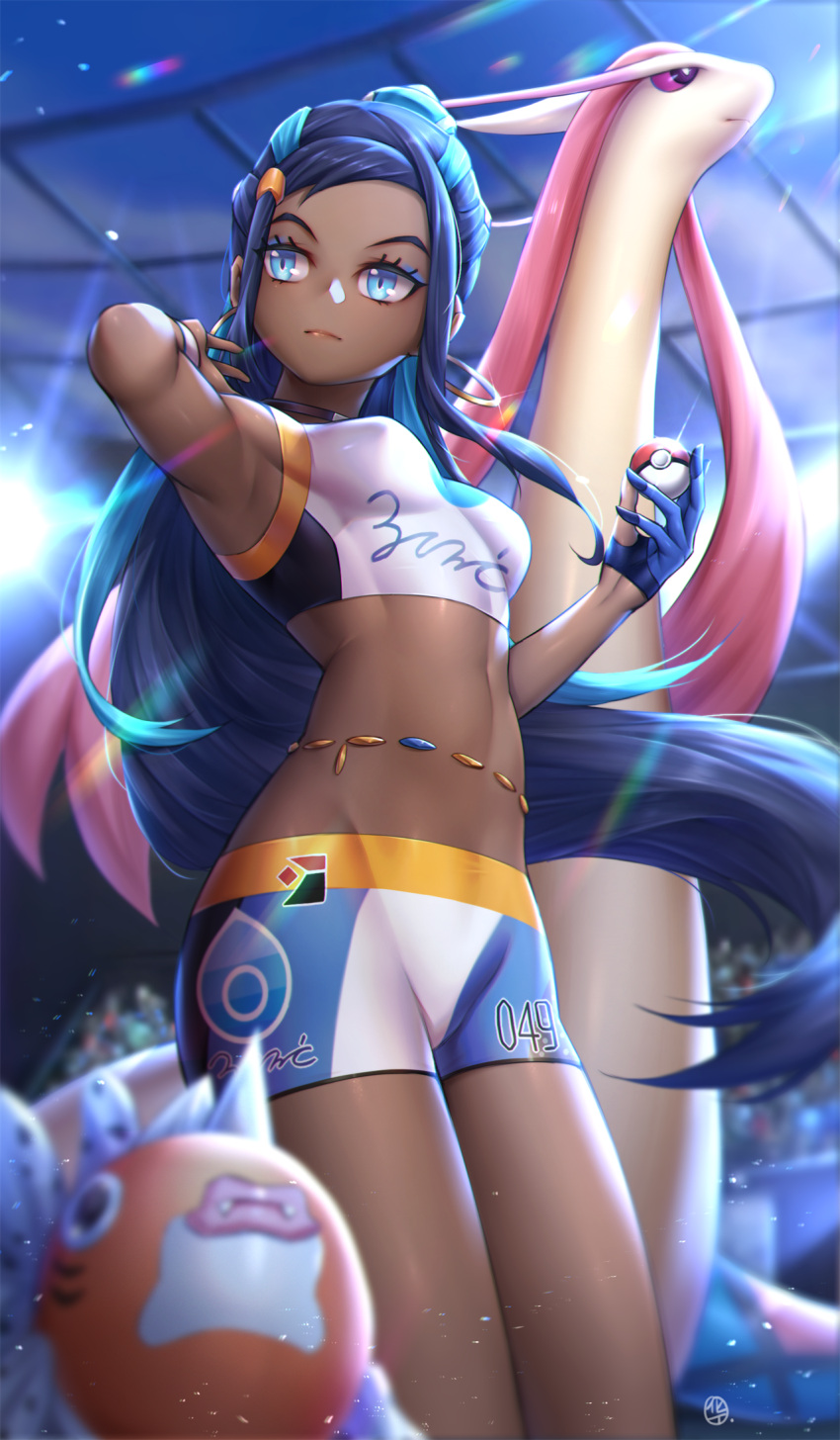 1girl arm_behind_head arm_up armpits bare_shoulders belly_chain bike_shorts black_hair blue_eyes blue_eyeshadow blue_hair blush breasts dark_skin dark-skinned_female earrings eyeshadow forehead gen_1_pokemon gen_3_pokemon gloves gym_leader hair_bun highres holding holding_poke_ball hoop_earrings hua-j jewelry lens_flare long_hair looking_to_the_side makeup medium_breasts milotic multicolored_hair necklace nessa_(pokemon) poke_ball pokemon pokemon_(creature) pokemon_(game) pokemon_swsh seaking sidelocks single_glove stadium thighs two-tone_hair